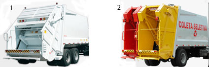 1) Coletor e compactador traseiro de pequeno porte. 2) Coletor e compactor traseiro seletivo.